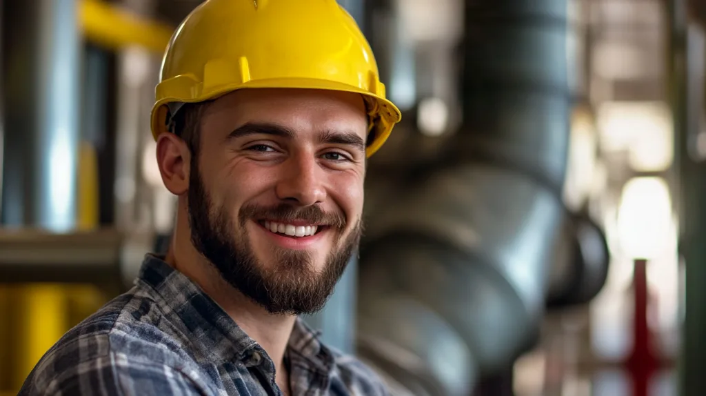 En man med skägg och gul skyddshjälm ler självsäkert i en industriell miljö med metallrör i bakgrunden. Hans rutiga skjorta och omgivningen antyder ett praktiskt yrke. Bilden förmedlar yrkesstolthet och passar utmärkt för att illustrera APL inom industribranschen.