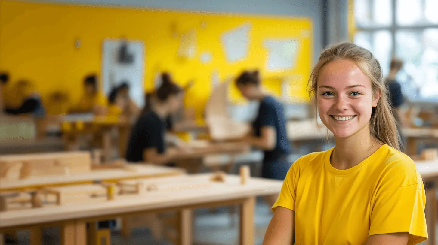 En glad elev deltar i en praktisk lektion i träslöjd, typisk för en modern komvux yrkesutbildning. Den ljusa miljön och aktiva grupparbetet speglar en inspirerande utbildning där teori möter praktik i verkliga situationer.