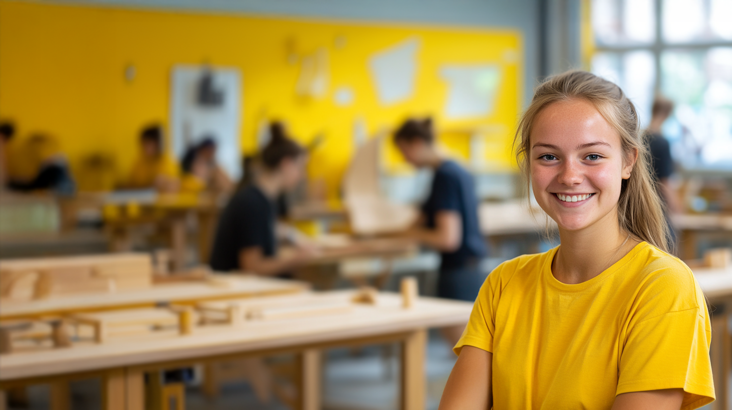 En glad elev deltar i en praktisk lektion i träslöjd, typisk för en modern komvux yrkesutbildning. Den ljusa miljön och aktiva grupparbetet speglar en inspirerande utbildning där teori möter praktik i verkliga situationer.