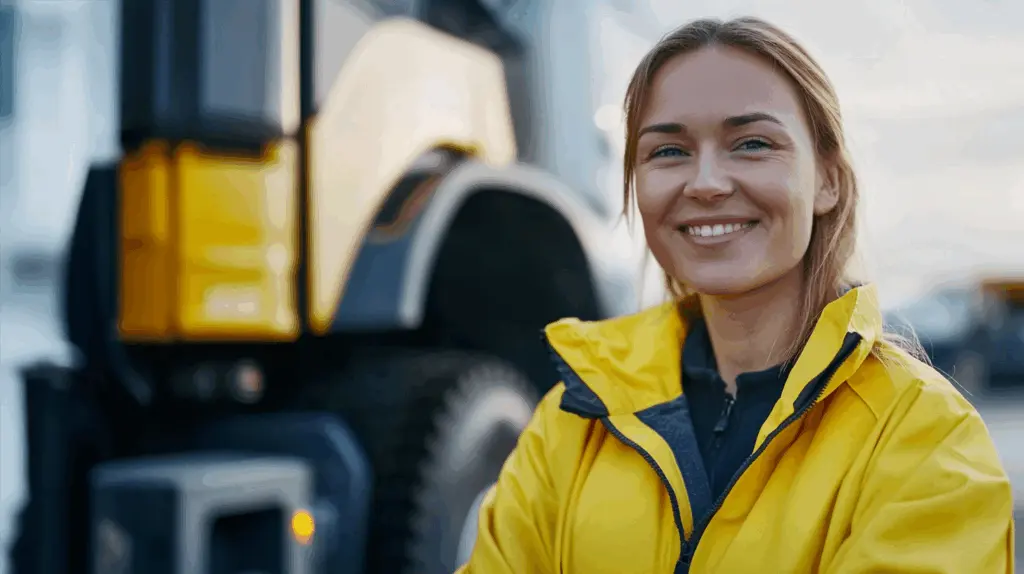 En leende kvinna i gul arbetsjacka står framför ett tungt fordon, med fokus på industriell miljö och yrkeskompetens. Bilden speglar trygghet, professionalism och modern yrkesutbildning. Passar som visuellt stöd för innehåll om företagsutbildning, B2B-samarbeten och kompetensutveckling inom teknik och industri.