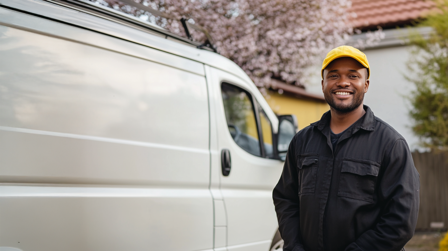 En leende man i svarta arbetskläder och gul keps står framför en vit servicebil, omgiven av vårblommande träd och bostadshus. Bilden förmedlar en positiv känsla av framtidstro och praktiskt arbete, i linje med Nationell yrkesutbildning (NY) som förbereder för riktiga yrkesroller.