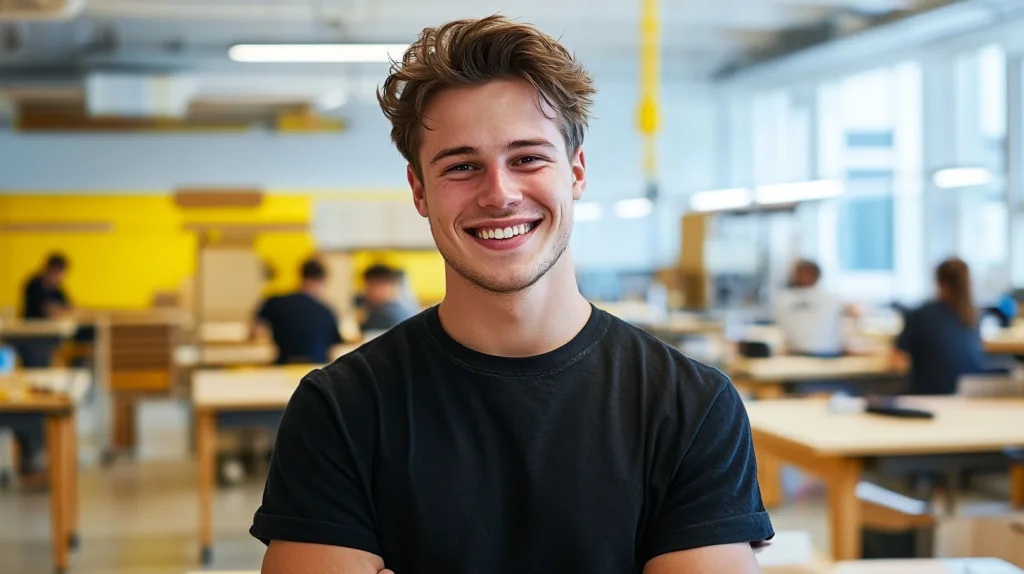 En ung man med svart t-shirt står leende i ett modernt klassrum med ljus inredning och många arbetsbord. Flera personer arbetar i bakgrunden. Bilden förmedlar en positiv och engagerad stämning, perfekt för att illustrera begreppet APL i en utbildningsmiljö.