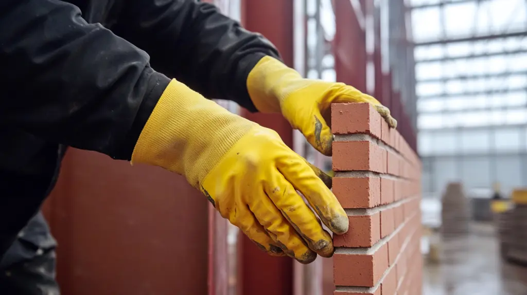 En murare med gula skyddshandskar arbetar noggrant med att justera en mur av röda tegelstenar. Personen bär mörka arbetskläder och befinner sig i en byggnad under uppförande, vilket tydligt visar yrkesskicklighet inom muraryrket. Bilden är framtagen av AI.