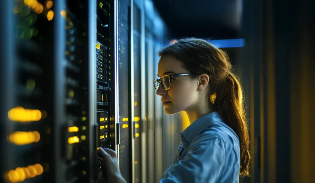 En nätverkstekniker arbetar koncentrerat i ett serverrum, omgiven av blinkande serverrack. Hon justerar utrustningen med precision, medan de gula indikatorlamporna lyser i det dämpade ljuset och skapar en högteknologisk atmosfär.