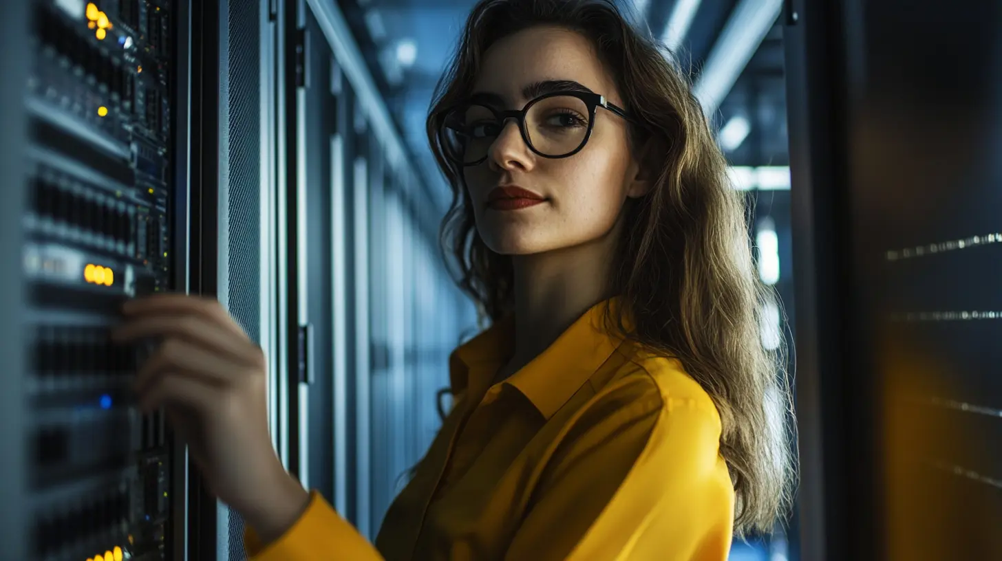En kvinna i gul skjorta och glasögon arbetar fokuserat i ett serverrum. Hon står intill ett serverrack och hanterar nätverksutrustning. Bilden illustrerar rollen som nätverks- och supporttekniker, med modern teknikmiljö och professionellt fokus i centrum.