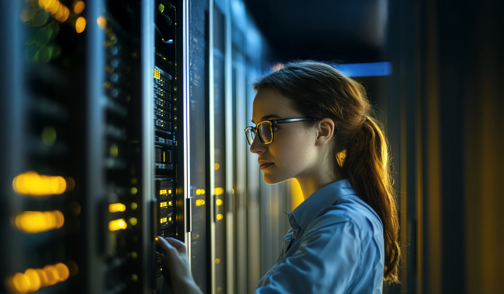 En nätverkstekniker arbetar koncentrerat i ett serverrum, omgiven av blinkande serverrack. Hon justerar utrustningen med precision, medan de gula indikatorlamporna lyser i det dämpade ljuset och skapar en högteknologisk atmosfär.