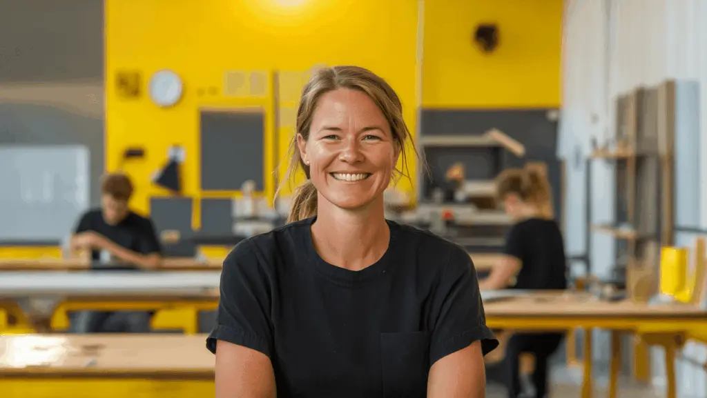 En leende kvinna sitter i ett ljust klassrum med gula väggar, där andra elever arbetar i bakgrunden. Miljön ser kreativ och praktisk ut, vilket speglar en aktiv lärandemiljö. Bilden illustrerar möjligheterna med utbildning i göteborg och den breda verksamheten hos komvux i göteborg.