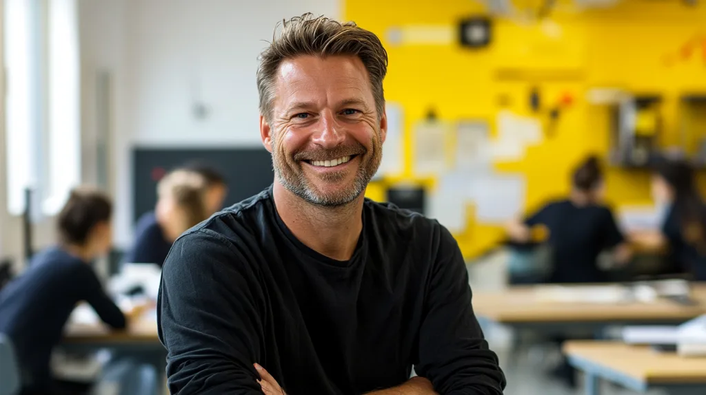 En leende man står med armarna i kors i ett ljust klassrum där andra elever arbetar fokuserat i bakgrunden. Den gula väggen ger en varm och inspirerande känsla. Bilden visar en modern och engagerande miljö för utbildning i göteborg och arbetsmarknadsutbildning i göteborg.