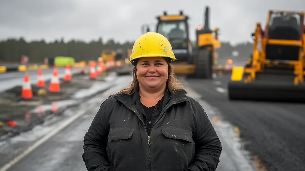 En kvinna med gul skyddshjälm och mörk arbetsjacka står leende mitt på en nylagd väg, omgiven av vägkoner och tunga vägmaskiner. Bakgrunden visar en aktiv byggarbetsplats under mulen himmel. Bilden illustrerar arbete på väg med fokus på säkerhet och yrkeskompetens.