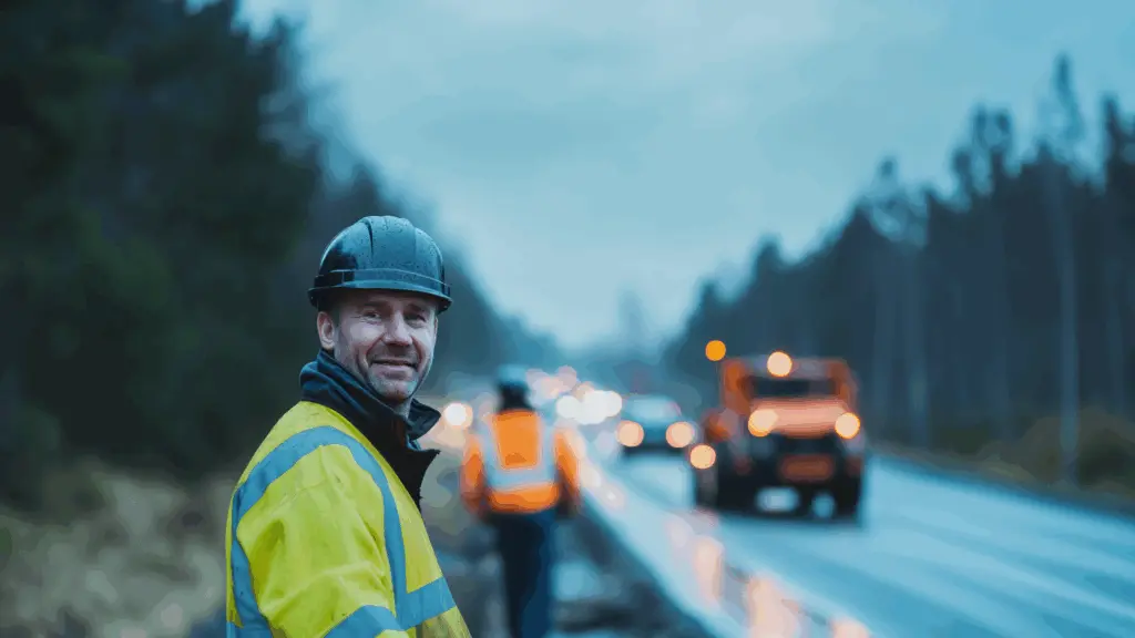 En vägarbetare i reflexkläder och hjälm står vid en landsväg i skymning, med trafik och arbetsfordon i bakgrunden. Hans uppmärksamma blick och utrustning speglar säkerhet och ansvar kopplat till arbete på väg kurs i en verklig arbetsmiljö. Denna bild är skapad med hjälp av AI.