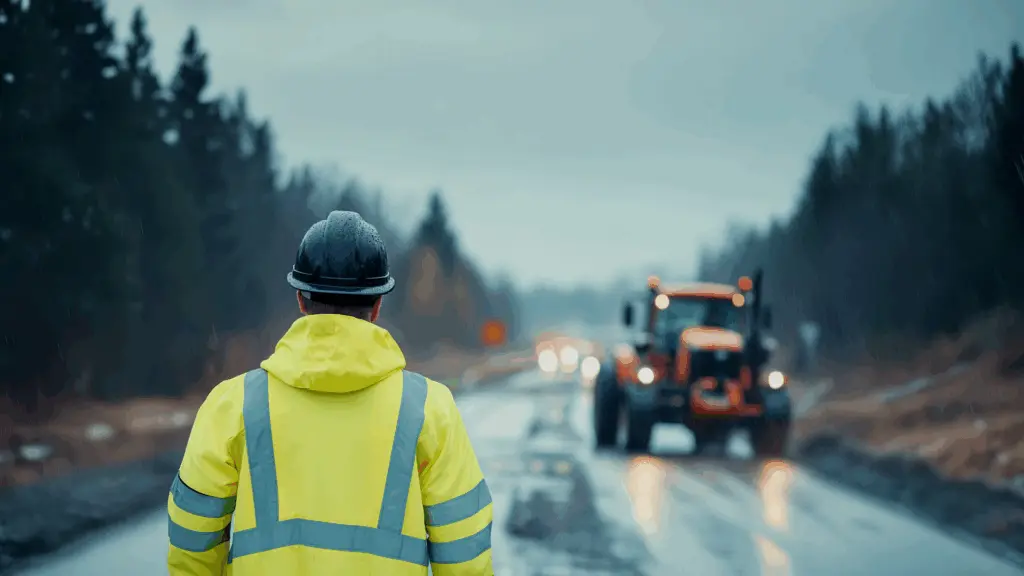 En vägarbetare i gul reflexjacka och hjälm står med ryggen mot kameran på en regnig landsväg, där arbetsfordon och trafik syns suddigt i bakgrunden. Situationen illustrerar säkerhet och riskmedvetenhet inom arbete på väg kurs i verklig miljö. Denna bild är skapad med hjälp av AI.