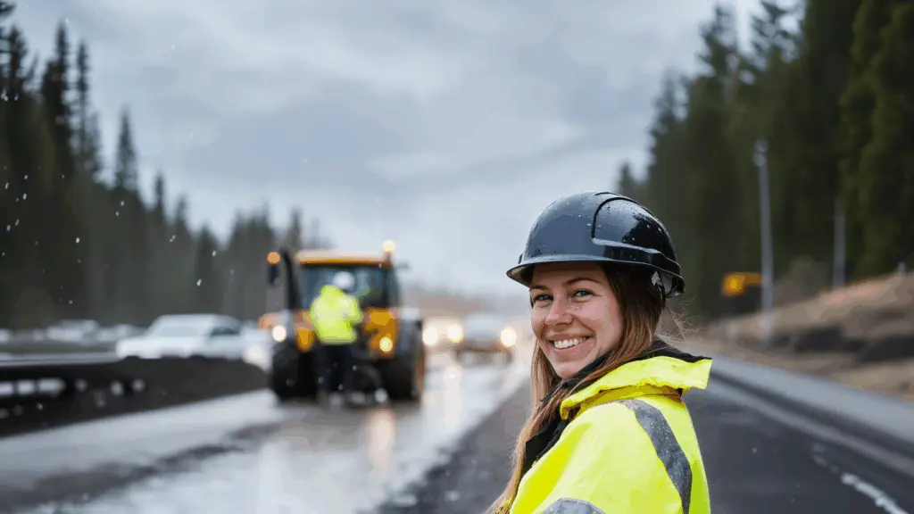 En kvinnlig vägarbetare i reflexjacka och hjälm ler mot kameran på en regnig väg, medan arbetsfordon och trafik syns i bakgrunden. Bilden förmedlar säkerhet, yrkesstolthet och praktiska moment inom arbete på väg kurs i realistisk miljö. Denna bild är skapad med hjälp av AI.