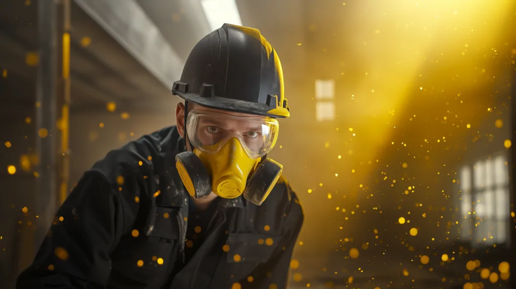 En arbetare iförd skyddsutrustning, inklusive gasmask och hjälm, befinner sig i ett dammigt industrirum med gulaktiga partiklar i luften. Ljuset bryts genom fönster och partiklar, vilket antyder riskmiljö med potentiell exponering för asbest, vilket kräver noggrant andningsskydd.