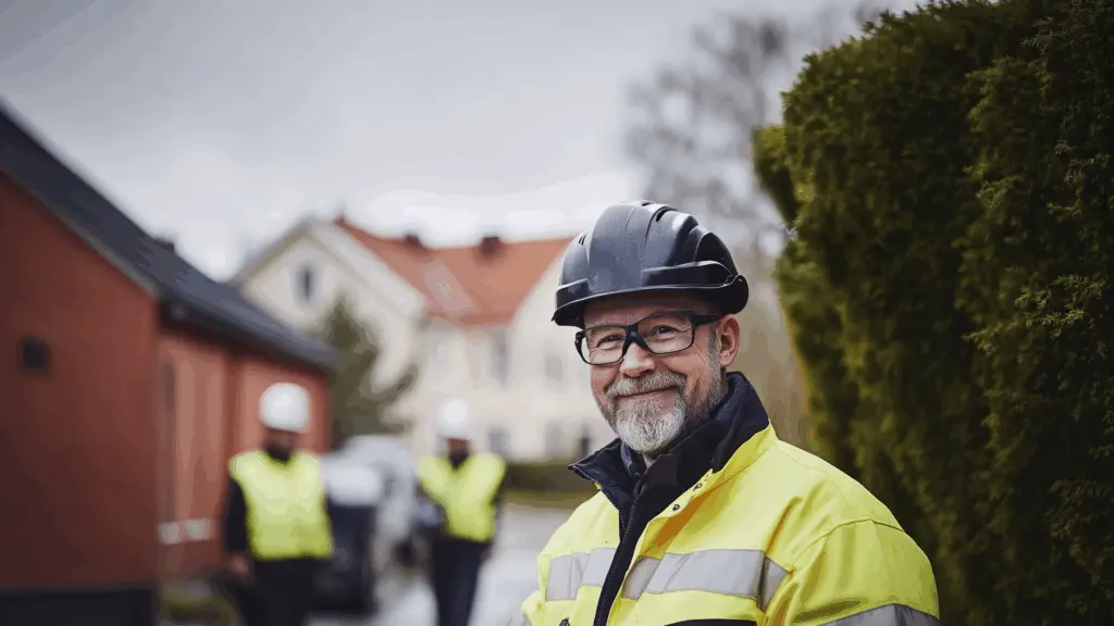 En erfaren byggarbetare i hjälm och varseljacka står utomhus vid ett arbetsområde i bostadsmiljö, medan kollegor syns suddigt i bakgrunden. Bilden kopplas till asbest och vikten av säker hantering samt asbestutbildning för trygg arbetsmiljö. Denna bild är skapad med hjälp av AI.