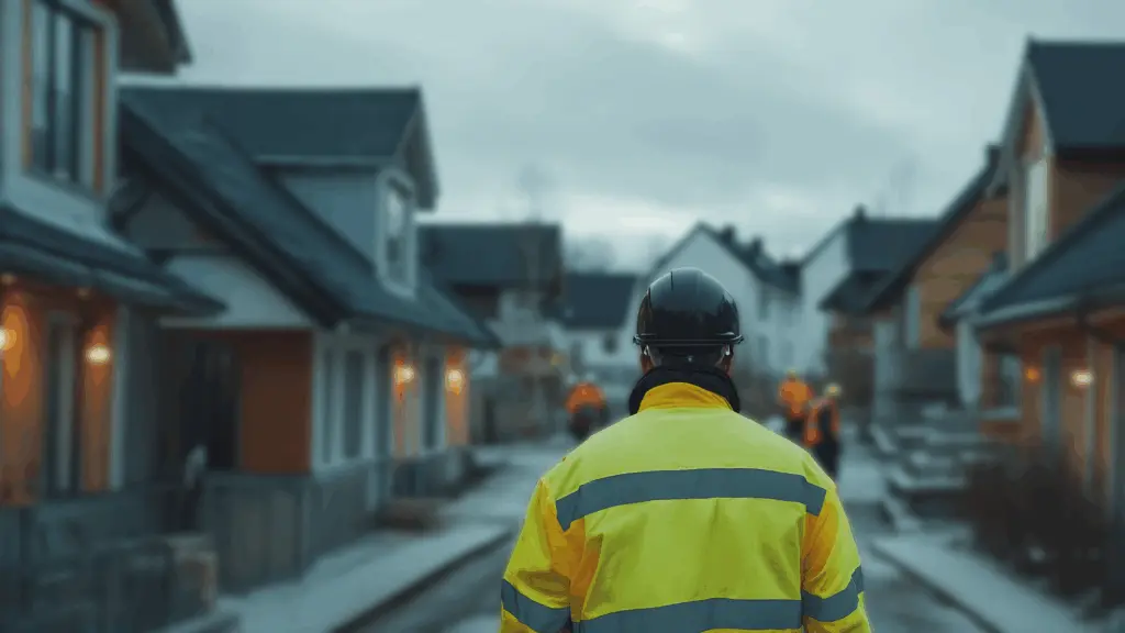 En byggarbetare i varselkläder och hjälm står med ryggen mot kameran i ett bostadsområde under arbete, med kollegor i bakgrunden. Bilden illustrerar risker kring asbest samt behovet av kunskap genom asbest och asbestutbildning vid renovering. Denna bild är skapad med hjälp av AI.
