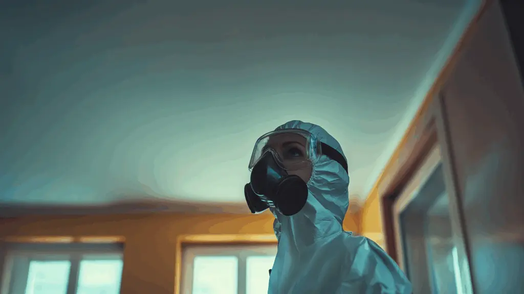 En person i skyddsdräkt, mask och skyddsglasögon arbetar inomhus i en miljö där asbest kan förekomma, vilket betonar vikten av säker hantering och rätt kunskap. Bilden illustrerar tydligt behovet av asbest och asbestutbildning för att skydda hälsa och arbetsmiljö. Denna bild är skapad med hjälp av AI.