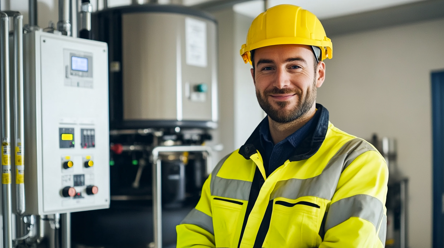 En leende automationstekniker i skyddshjälm och varseljacka står framför ett tekniskt kontrollsystem i en industriell miljö. Den avancerade utrustningen i bakgrunden antyder arbete med styr- och reglerteknik. Personen utstrålar kompetens och yrkesstolthet.