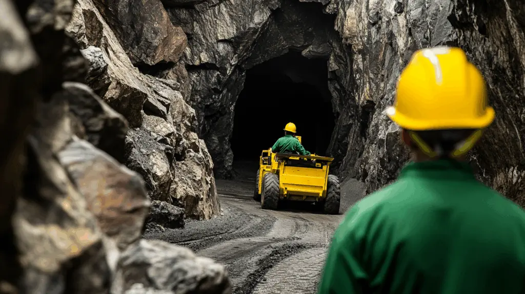 Två bergarbetare i gröna skyddskläder och gula hjälmar befinner sig i en bergtunnel. Den ena kör ett gult arbetsfordon längre in i tunneln, medan den andra står i förgrunden och observerar. Den råa bergväggen och mörka öppningen förstärker miljöns underjordiska karaktär.