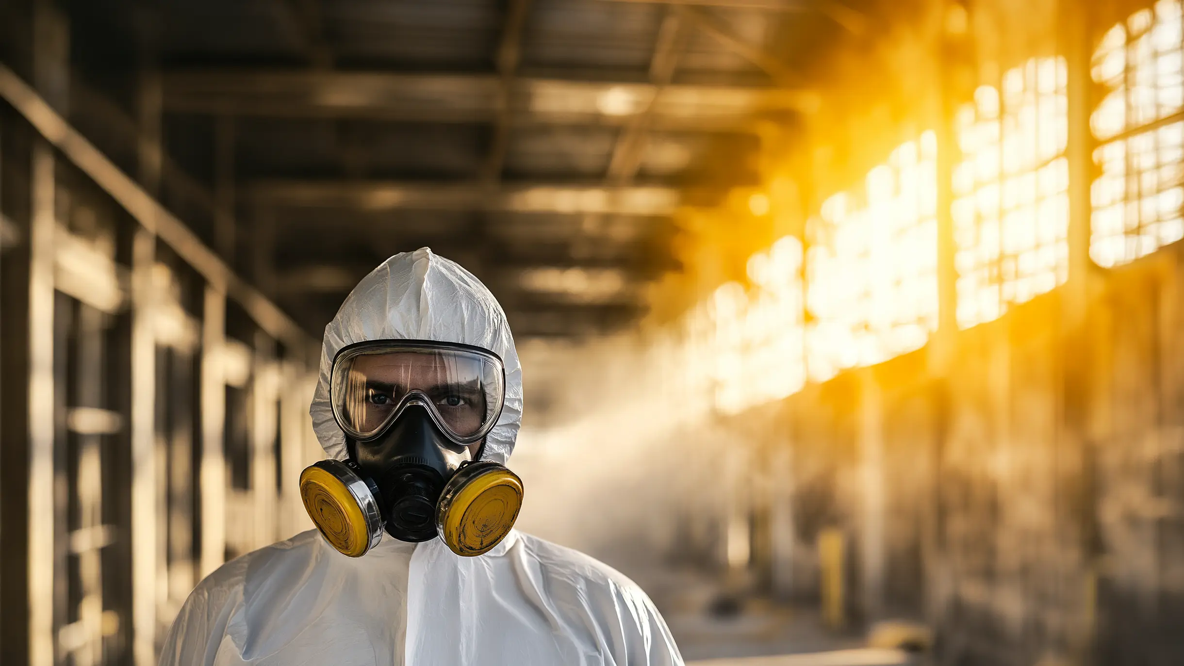 En person i skyddsdräkt och andningsmask står i en industrimiljö med starkt ljus som strömmar in genom stora fönster. Bilden förmedlar riskmedvetenhet och lämpar sig för säkerhetsutbildning och asbest utbildning inom farliga arbetsmiljöer. Denna bild är skapad med hjälp av AI.