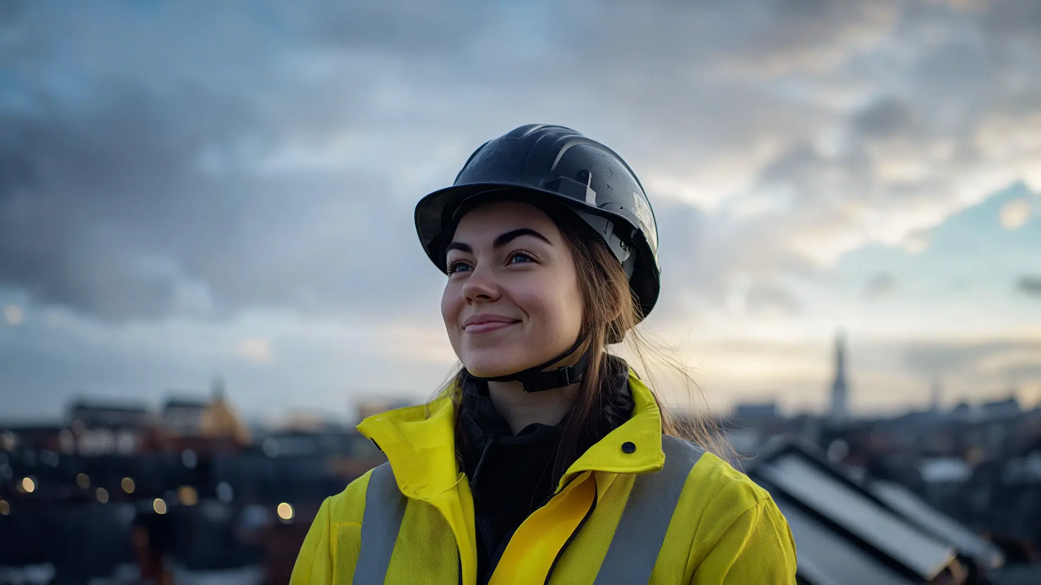 En ung kvinna i skyddshjälm och gul reflexjacka står på en byggarbetsplats med stadens siluett i bakgrunden under en molnig himmel. Bilden signalerar professionalism och passar för säkerhetsutbildning inom bygg- och industribranschen. Denna bild är skapad med hjälp av AI.