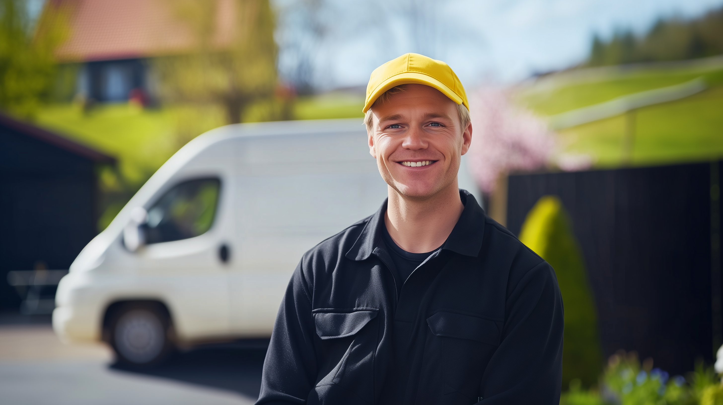 En leende servicetekniker i svart arbetsklädsel och gul keps står utomhus framför en vit servicebil. I bakgrunden syns ett bostadsområde med gröna gräsmattor, blommande träd och hus med tegeltak. Scenen utstrålar professionalitet och pålitlighet.