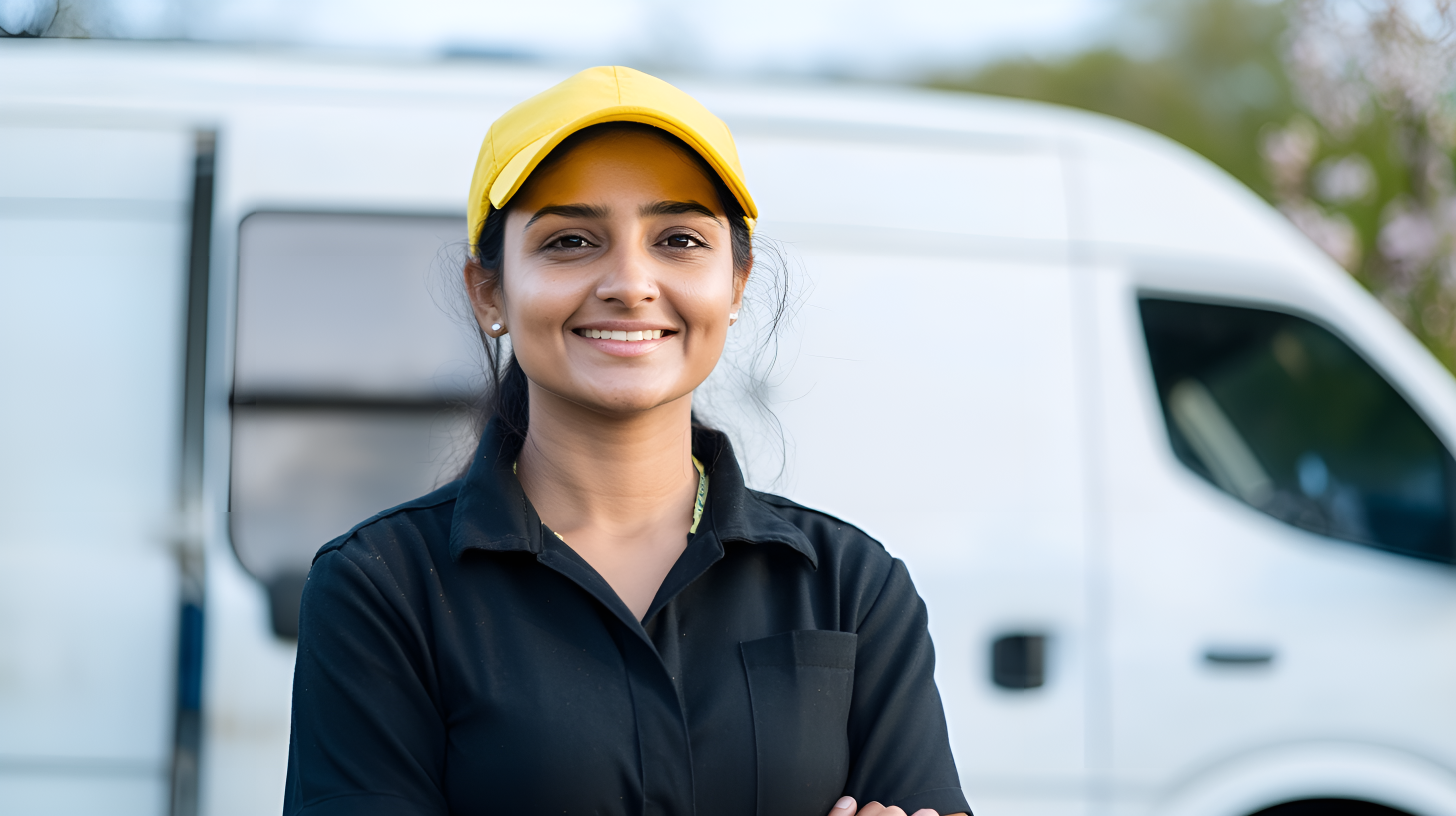 En ung kvinna i gul keps och svart arbetsklädsel står självsäkert framför en servicebil. Hennes professionella uppsyn och tekniska roll signalerar yrken som servicetekniker, vitavarutekniker eller industritekniker, där både rörlighet och kundkontakt är en naturlig del av arbetet.