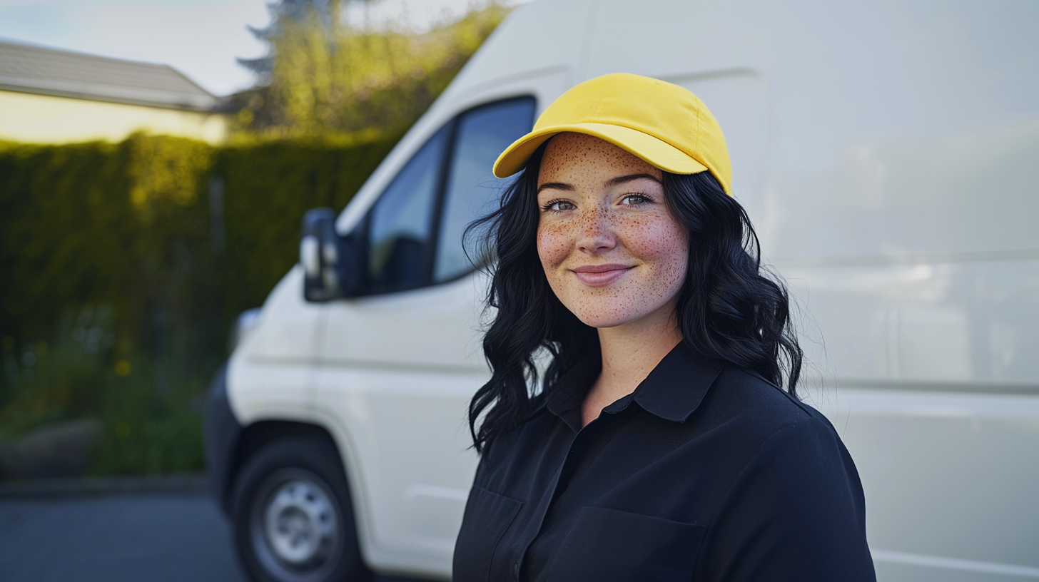 En ung kvinna med svart hår och fräknar står framför en vit servicebil, klädd i svart skjorta och gul keps. Hon ler självsäkert mot kameran i en professionell miljö. Bilden illustrerar yrkesroller som servicetekniker, vitvarutekniker och industritekniker i ett modernt sammanhang.