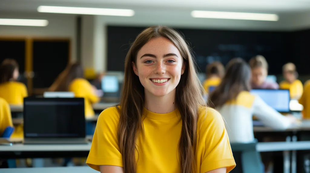 En ung kvinna med långt brunt hår och gul tröja sitter leende i ett klassrum fullt av andra elever, alla med bärbara datorer. Miljön är modern och ljus, med fokus på studier. Bilden symboliserar positiv energi och engagemang inom vuxenutbildning Ale.