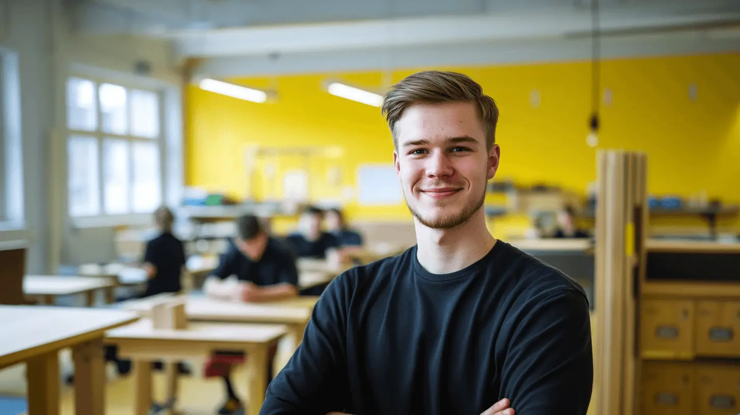En ung man står leende i ett ljust, modernt klassrum med gula väggar och träbänkar. Bakom honom arbetar flera elever fokuserat vid sina bord. Han bär en svart tröja och utstrålar självsäkerhet, vilket antyder en studiemiljö inom praktiskt eller tekniskt gymnasieprogram.