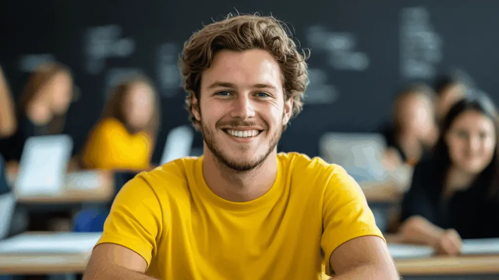 En ung man med lockigt hår och gul t-shirt sitter leende i ett klassrum, omgiven av andra studenter. Han ser självsäker och engagerad ut, vilket ger intryck av en positiv och professionell inställning till arbete inom kundtjänst.