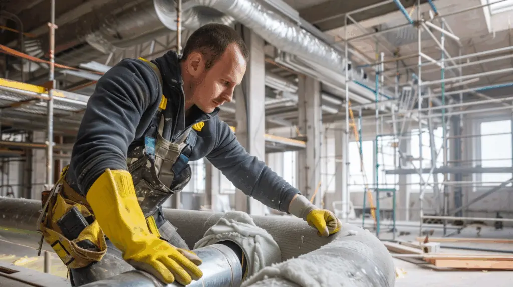 En kortklippt mörkhåig man klädd i blå arbetskläder och gula handskar arbetar med att isolera ett metallrör inom industrin. Han är koncentrerad och noggrann i sitt utförande.