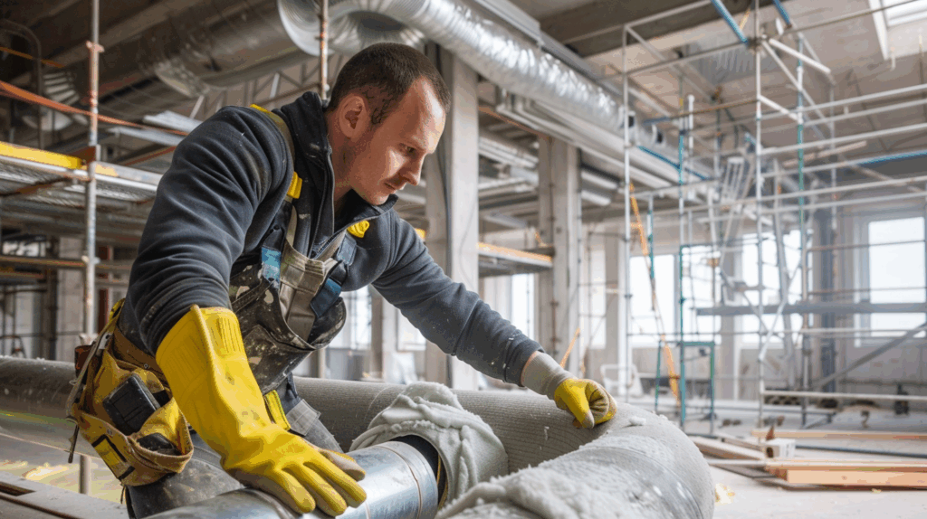 En kortklippt mörkhåig man klädd i blå arbetskläder och gula handskar arbetar med att isolera ett metallrör inom industrin. Han är koncentrerad och noggrann i sitt utförande.