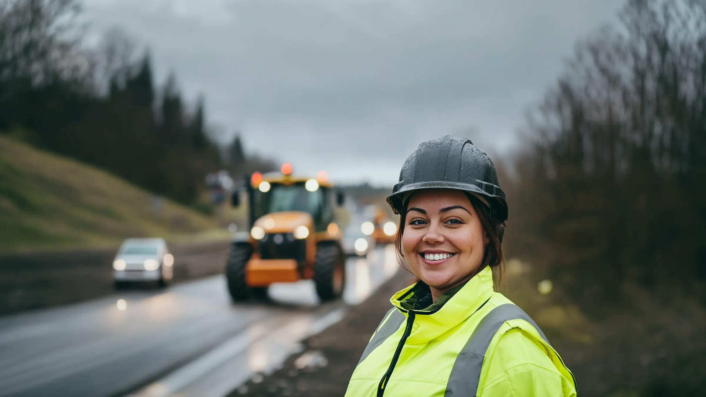 En vägarbetare i reflexjacka och hjälm står vid en landsväg med arbetsfordon och trafik i bakgrunden, i dämpat ljus. Bilden speglar säkerhet, ansvar och arbete på väg i en aktiv arbetsmiljö. Denna bild är skapad med hjälp av AI.