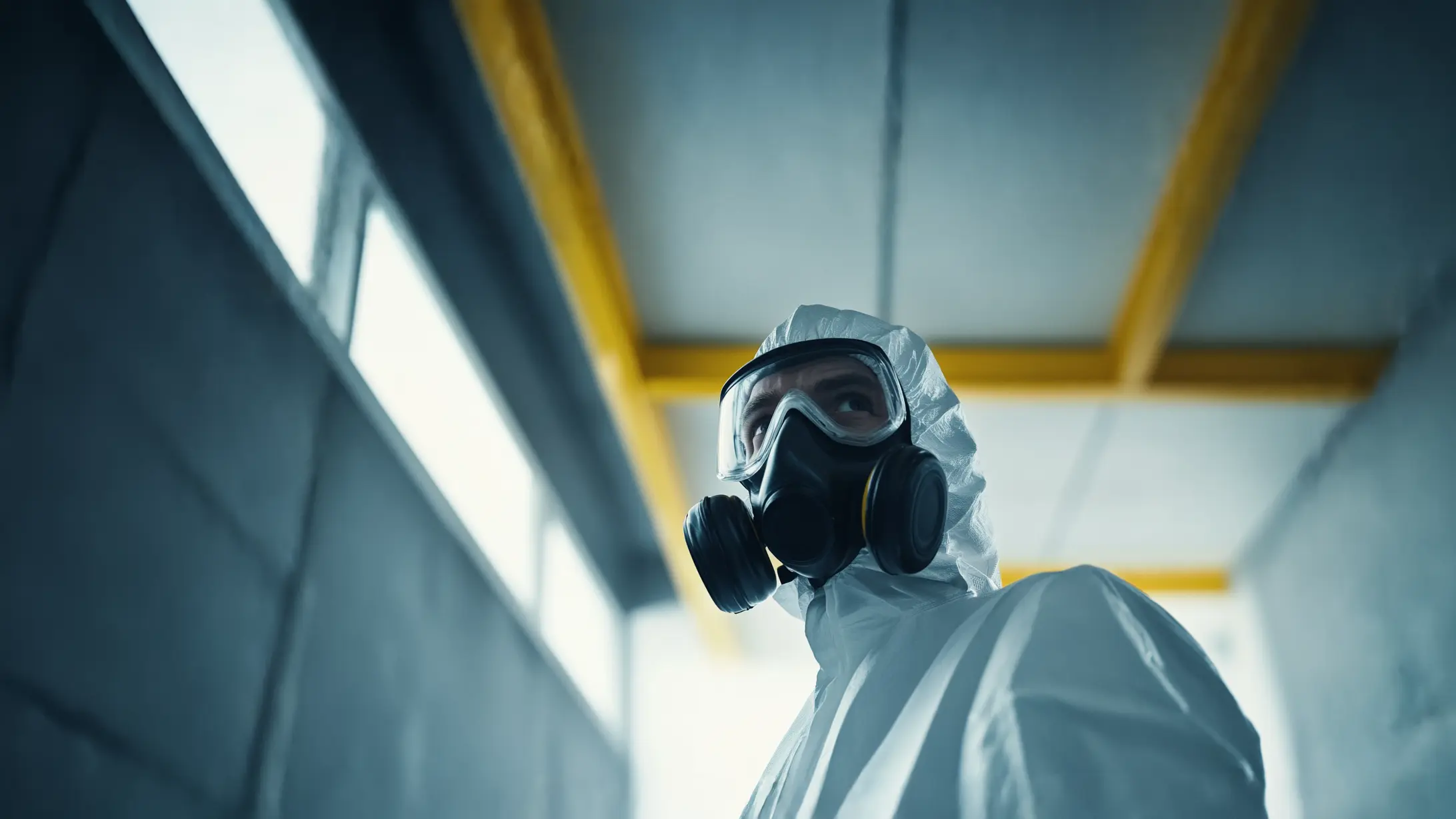 En person bär skyddsdräkt, andningsmask och skyddsglasögon i en industriell miljö, vilket tydligt illustrerar riskerna med asbest och behovet av korrekt hantering. Bilden passar för att beskriva säkerhetsrutiner och vikten av asbestutbildning inom arbetsmiljö. Denna bild är skapad med hjälp av AI.