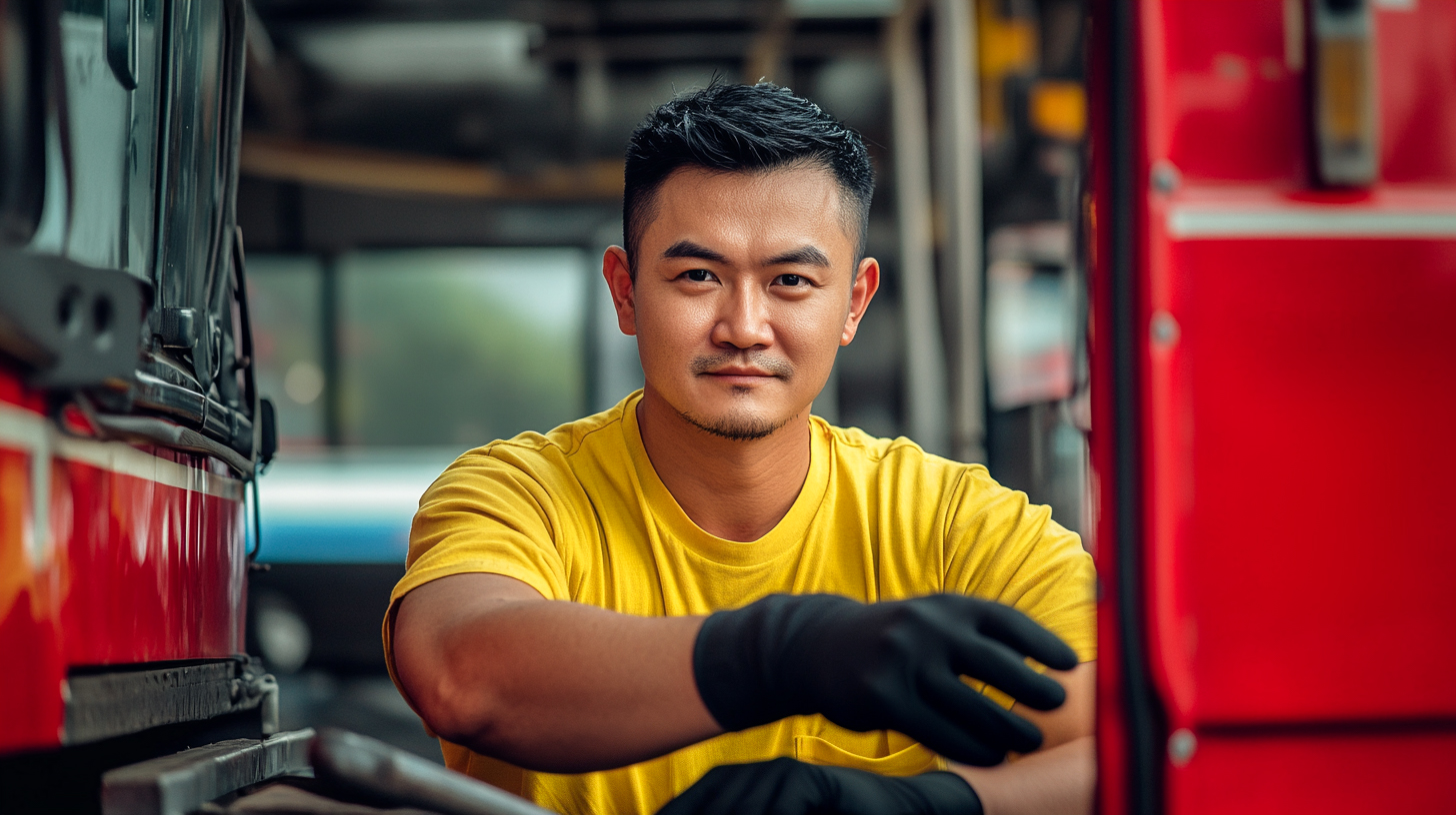 En bussmekaniker i gul tröja och svarta handskar arbetar mellan två röda fordon, troligen bussar, i en verkstadsmiljö. Han ser fokuserad ut och omgivningen antyder ett professionellt sammanhang inom service och reparation av kollektivtrafikfordon. Bilden är framtagen av AI.