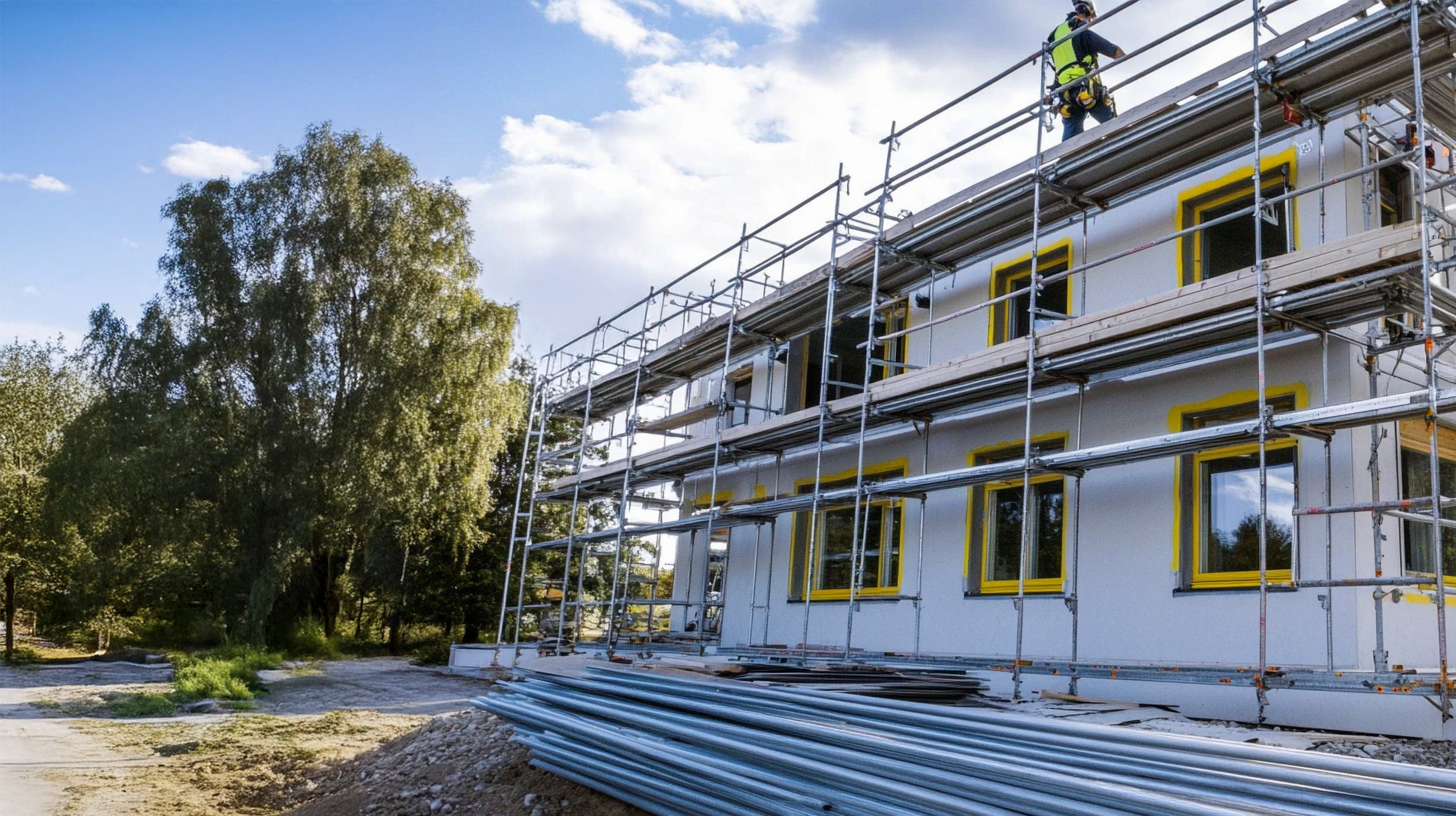 En byggnadsställning omger en tvåvåningsbyggnad där en person i skyddsutrustning arbetar på den översta nivån. Bilden visar en typisk arbetssituation som illustrerar behovet av ställningsutbildning med fokus på säkerhet vid arbete på höjd. Denna bild är framtagen med hjälp av AI.