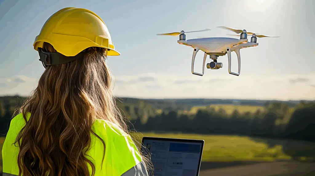 En kvinna i skyddshjälm och varselkläder styr en drönare med hjälp av en laptop ute i fält, med ett vidsträckt landskap i bakgrunden. Bilden illustrerar ett praktiskt moment från en drönarpilot utbildning, där teori möter verklighet i en autentisk arbetsmiljö. Bilden är framtagen av AI.