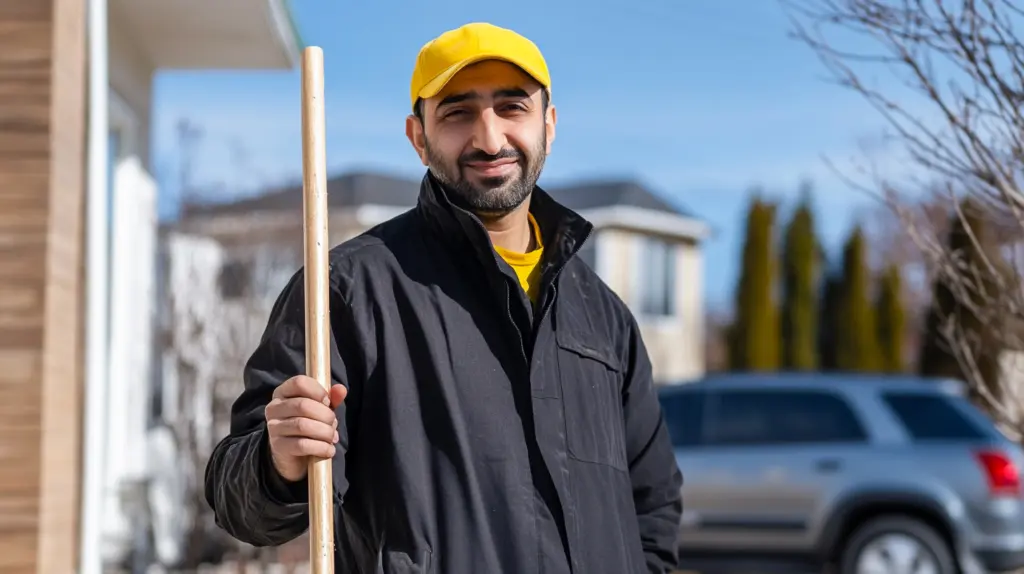En manlig fastighetsskötare lärling står utomhus med ett arbetsredskap i handen. Han bär gul keps och svart jacka, och ler mot kameran. I bakgrunden syns bostadshus och en bil, vilket antyder underhållsarbete i ett bostadsområde. Bilden är framtagen av AI.