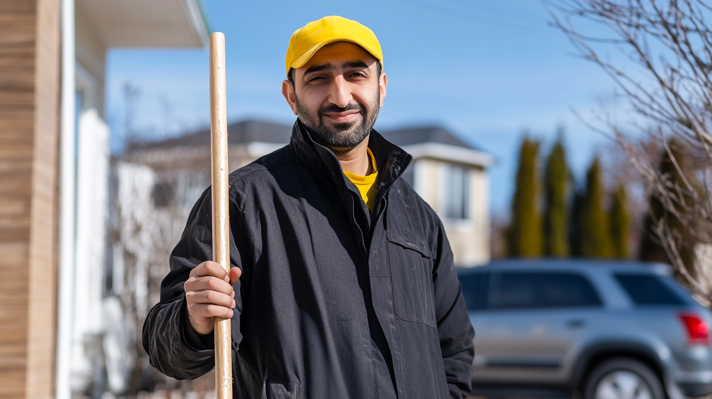 En manlig fastighetsskötare lärling står utomhus med ett arbetsredskap i handen. Han bär gul keps och svart jacka, och ler mot kameran. I bakgrunden syns bostadshus och en bil, vilket antyder underhållsarbete i ett bostadsområde. Bilden är framtagen av AI.