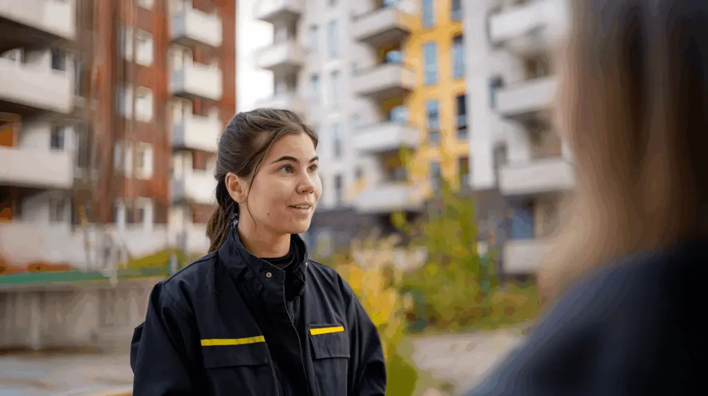 En kvinnlig fastighetsvärd i mörk arbetsjacka samtalar utomhus, med moderna flerbostadshus i bakgrunden. Hon ser engagerad ut och bidrar till en trygg och välskött boendemiljö.