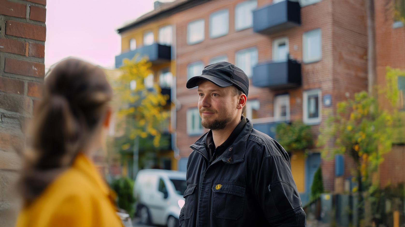 En manlig fastighetsvärd i svart keps och arbetskläder står utanför ett lägenhetshus och samtalar med en boende. Höstlöv och färgglada fasader skapar en välkomnande miljö.