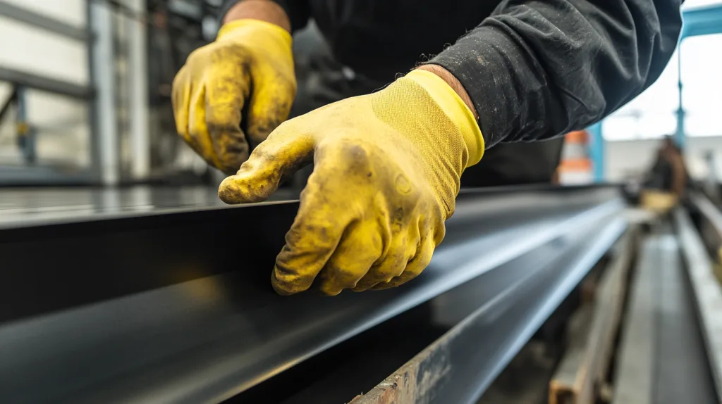 Närbild på händer med gula arbetshandskar som formar metall i en verkstadsmiljö. Bilden visar ett typiskt moment från en byggnadsplåtslagare arbetsmarknadsutbildning, där eleverna får träna på att hantera plåt med precision och yrkesskicklighet inför framtida arbete inom byggbranschen.