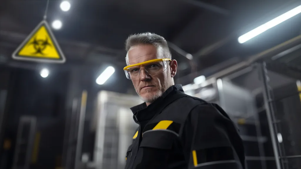 En man i svart arbetsdräkt med gula detaljer bär skyddsglasögon och står i en industriell miljö med varningsskylt för biologisk fara. Bilden förmedlar allvar och säkerhet, vilket är centralt inom arbete med härdplast och behovet av korrekt härdplastutbildning.