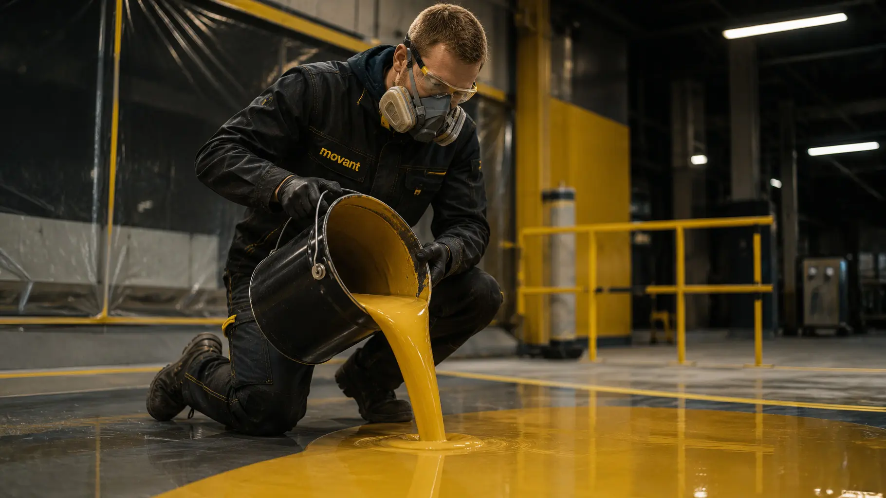 En person använder skyddsutrustning och andningsskydd vid hantering av flytande material i en industriell miljö. Bilden illustrerar säkra arbetsmetoder, riskmedvetenhet och vikten av rätt skyddsåtgärder vid arbete med kemiska produkter. Den passar väl för information om härdplastutbildning och säker hantering av härdplast på arbetsplatsen. Denna bild är skapad med hjälp av AI.