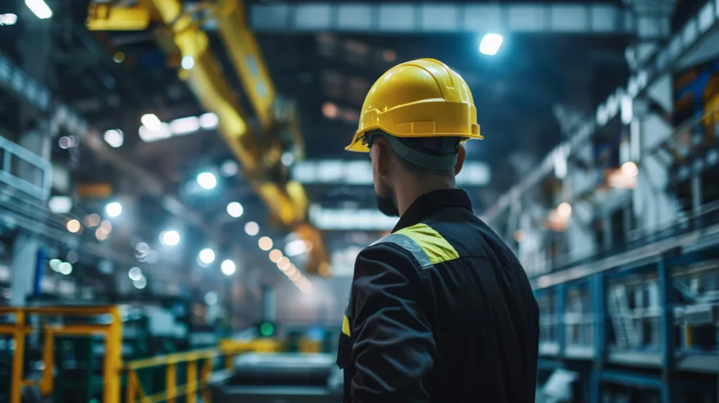 En industrimedarbetare med gul skyddshjälm och varselkläder står i en ljusstark fabrikshall. Maskiner, lyftkranar och metallstrukturer omger honom, medan takbelysningen skapar ett dynamiskt ljusspel. Fokus ligger på säkerhet och övervakning i denna moderna industri.