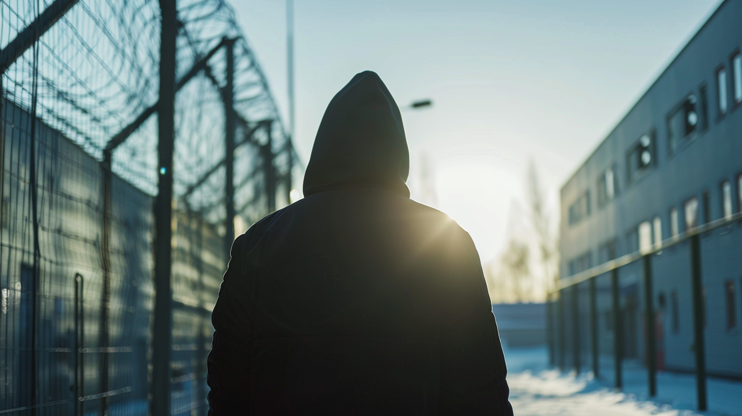 En person i hoodie går i motljus längs ett stängsel med taggtråd. Snö på marken och en byggnad intill ger en känsla av instängdhet och isolering. Denna bild är framtagen med hjälp av AI.