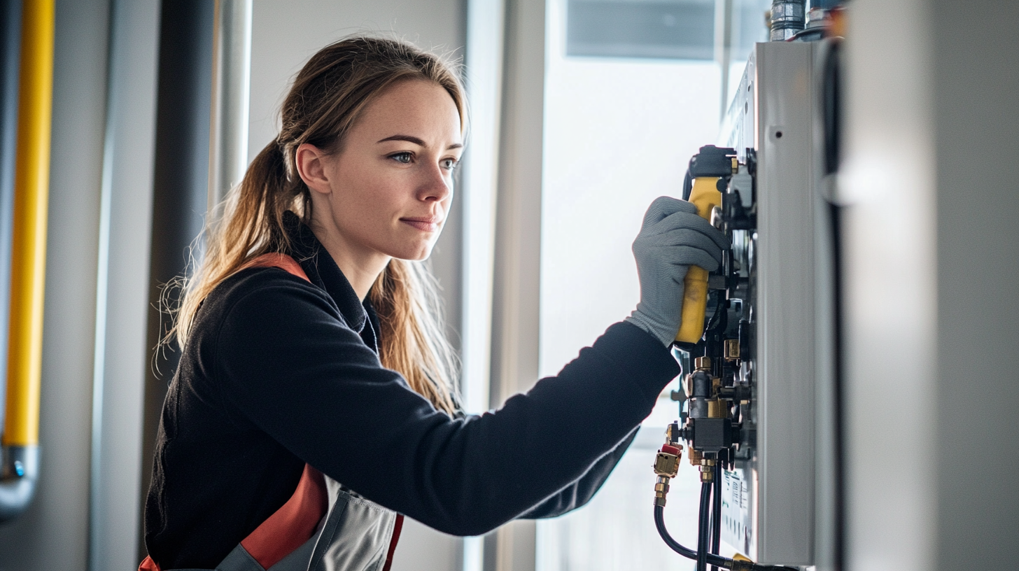 Person i arbetskläder arbetar med installation av teknisk utrustning vid ett kyl- och värmepumpsystem – en vanlig arbetsuppgift för en kyl- och värmepumpmontör inom Komvux. Bilden är framtagen med hjälp av AI.