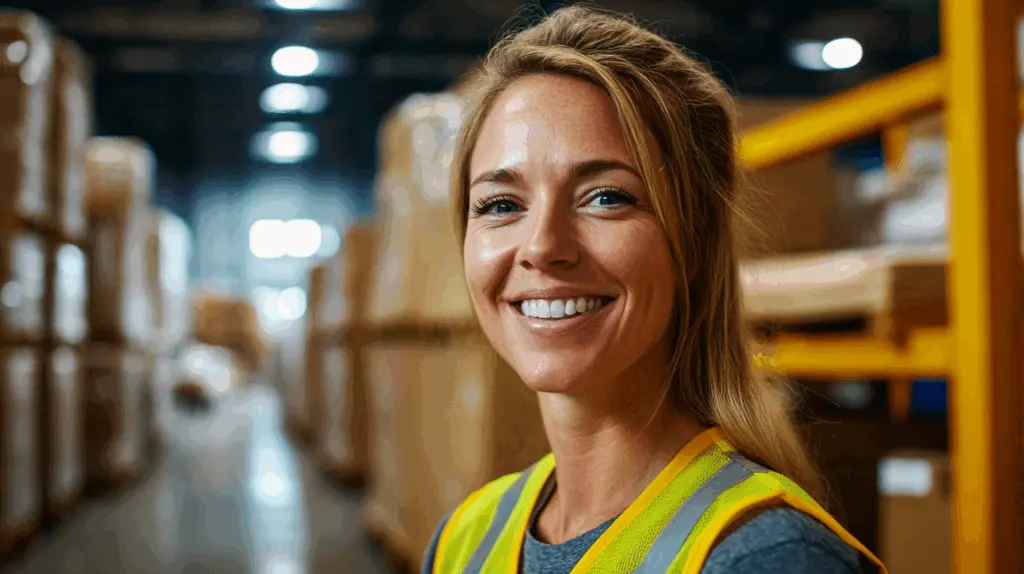 En lager- och terminalarbetare med reflexväst ler i en välorganiserad lagerlokal. Hon står framför hyllor fyllda med staplade kartonger, vilket tydligt visar hennes arbetsmiljö inom logistik, lagerhantering och godshantering.