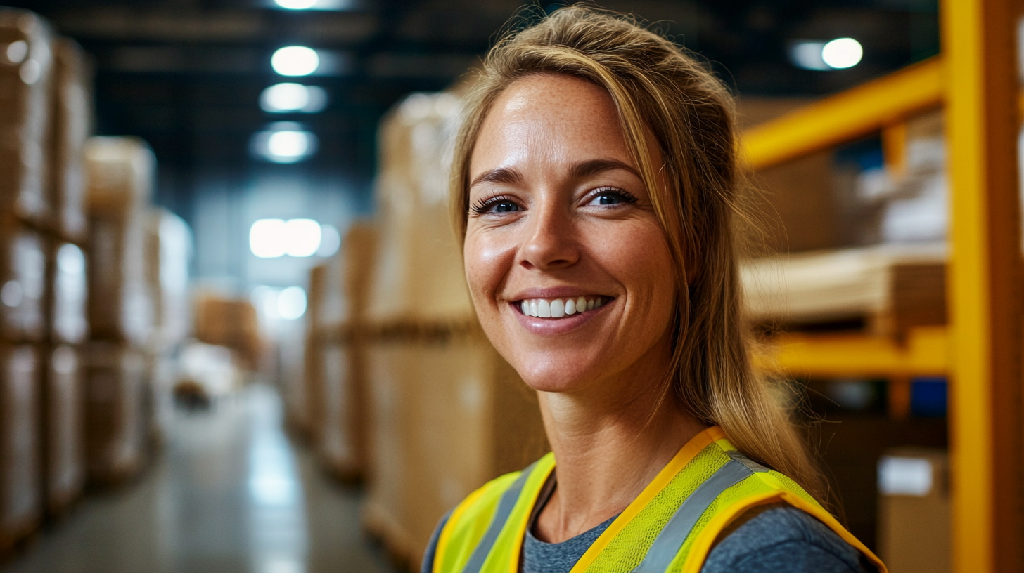En lager- och terminalarbetare med reflexväst ler i en välorganiserad lagerlokal. Hon står framför hyllor fyllda med staplade kartonger, vilket tydligt visar hennes arbetsmiljö inom logistik, lagerhantering och godshantering.