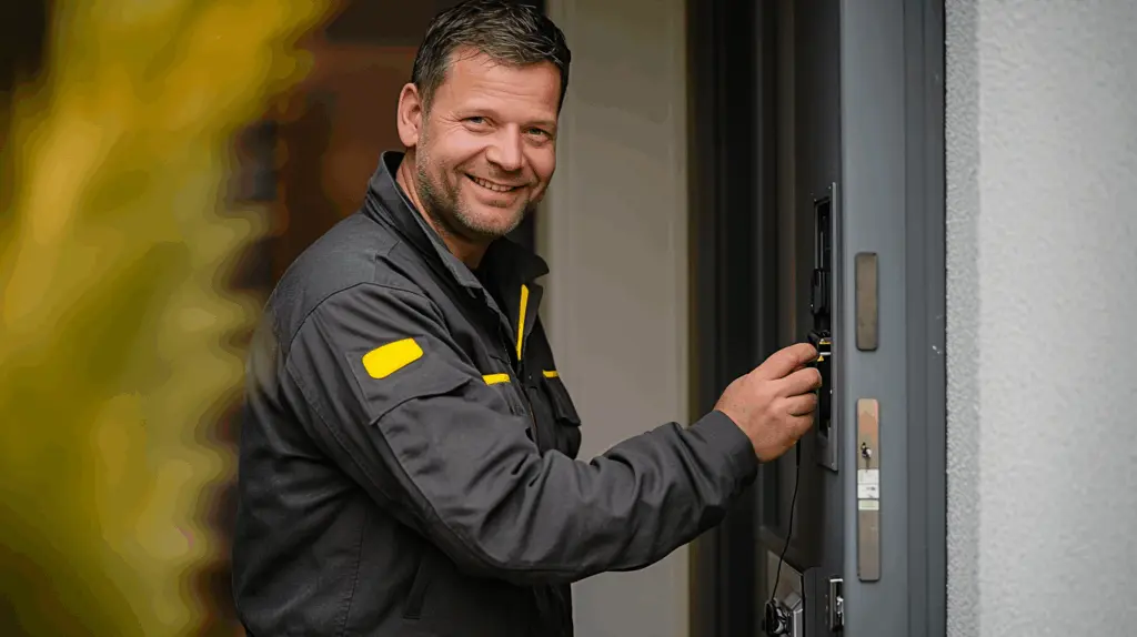 En manlig larm- och säkerhetstekniker med kort mörkt hår, i grå jacka tittar in i kameran och ler samtidigt som han installerar ett larm. Han ser glad, trygg och självsäker ut i sitt yrke.